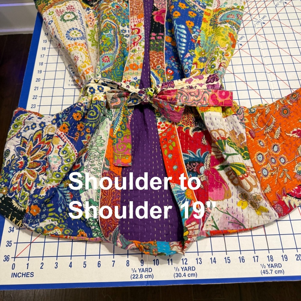 Handmade Kantha Quilt Robe Women OS Multi Patchwork Cotton Kimono Jacket Boho - Picture 8 of 13